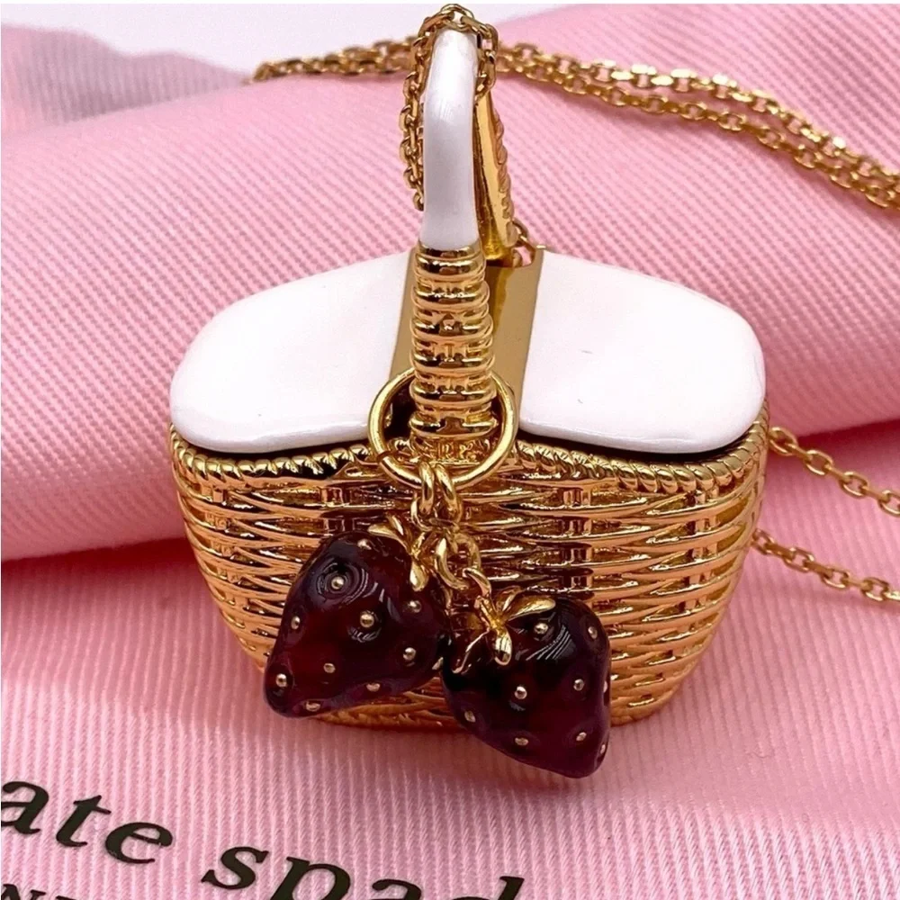 KATE SPADE Gold Picnic Basket Strawberry Long Pendant Statement Necklace
